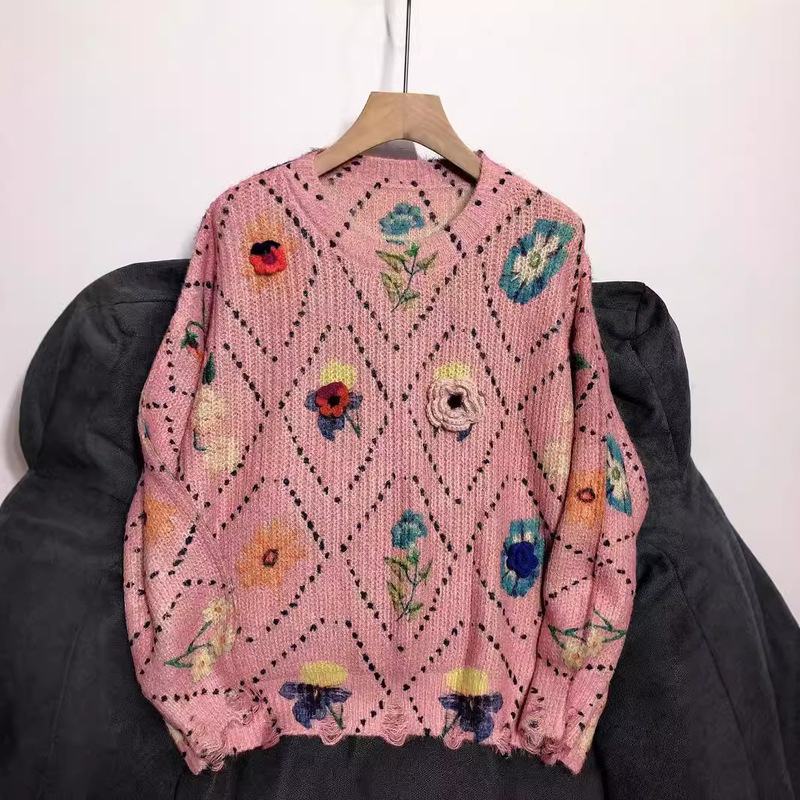 Ocean Flower Soft Waxy Three-dimensional Crochet Flower Knitted Pullover Printed Sweater Women's Loose Lazy Style Knitted Top