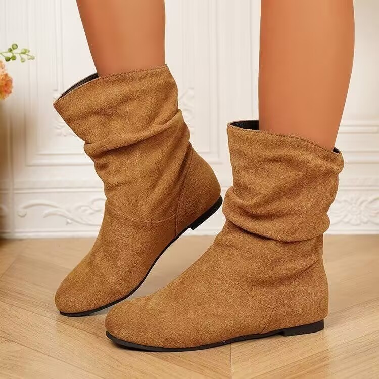 Women's Pleated Slouch Boots Round Toe Suede Mid Calf Retro Style Plus Size Winter_voghion.com