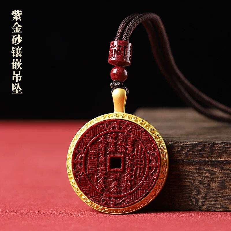 天然原石辰砂金縁山鬼花ペンダントクリスタル紫金帝紅砂ネックレス辰砂ペンダント|undefined
