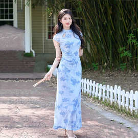 温柔风新中式镂空网纱印花有里衫连衣裙女夏季修身收腰H型裙长裙