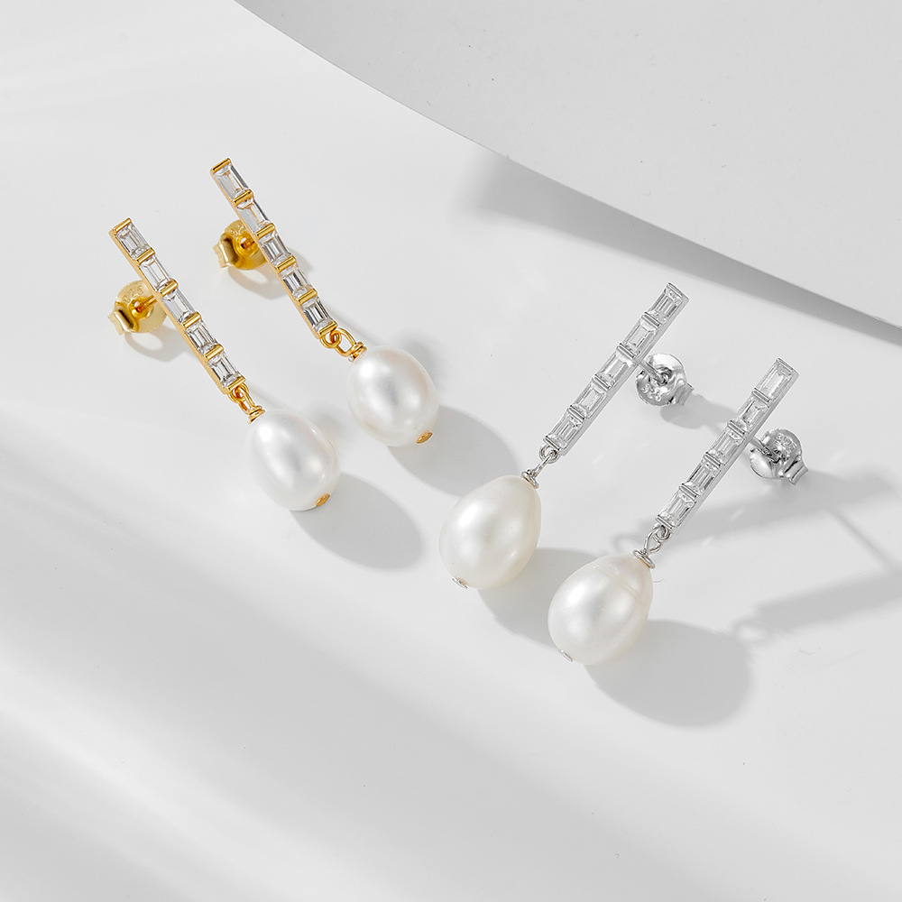 15g Weight 0.03µm Gold Plating Thickness 1 Pair 925 Sterling Silver Freshwater Pearl Zircon Geometric Solid Color Drop Earrings