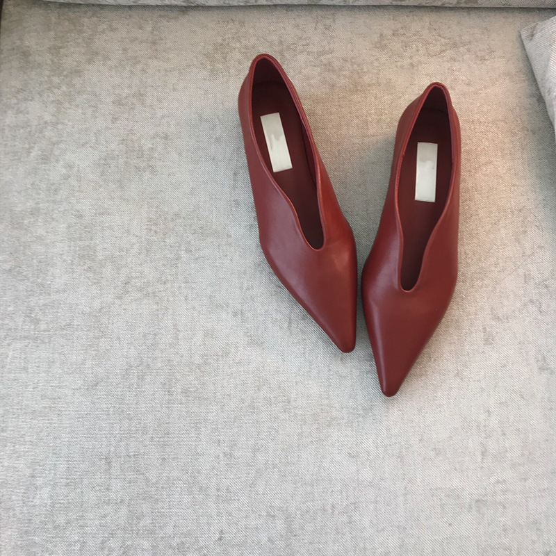 Anaokbos punta puntiaguda boca baja zapatos de una sola capa elegante retro principios de la primavera plana casual tacón bajo adelgazamiento zapatos de boda zapatos de bruja