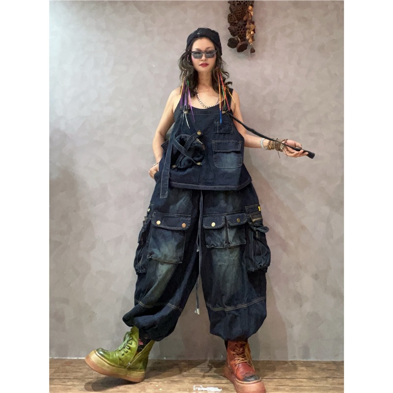 Personalidad de moda cool chaleco de calles sin mangas de bolsillo vaqueros pantalones de trabajo sueltos ociosos grandes set de moda image 3
