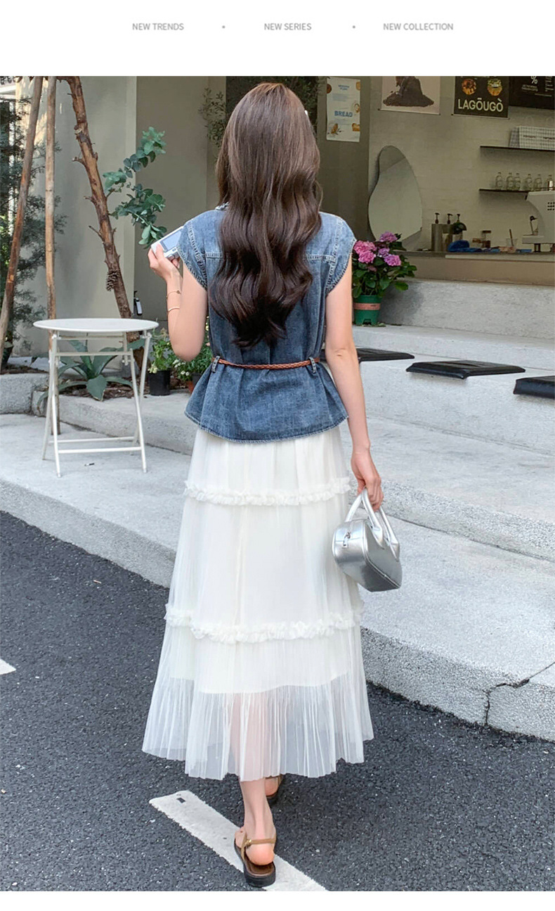 Bộ yếm quần denim không tay kết hợp chân váy ngắn nữ 2 món mùa hè 2026 — Màu ảnh chi tiết 15