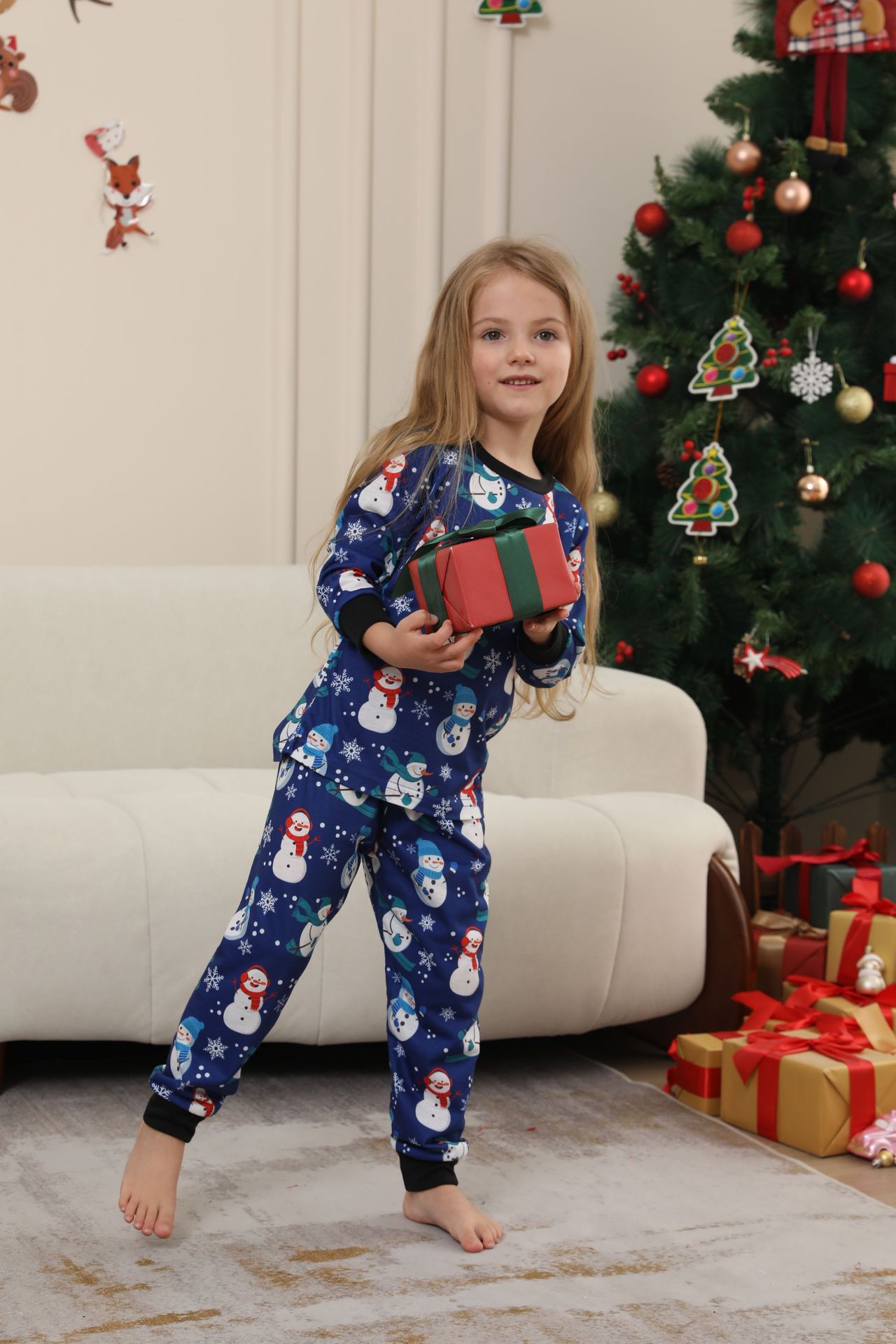Christmas snowman snow hat plaid Christmas parent-child suit printed homewear_voghion.com