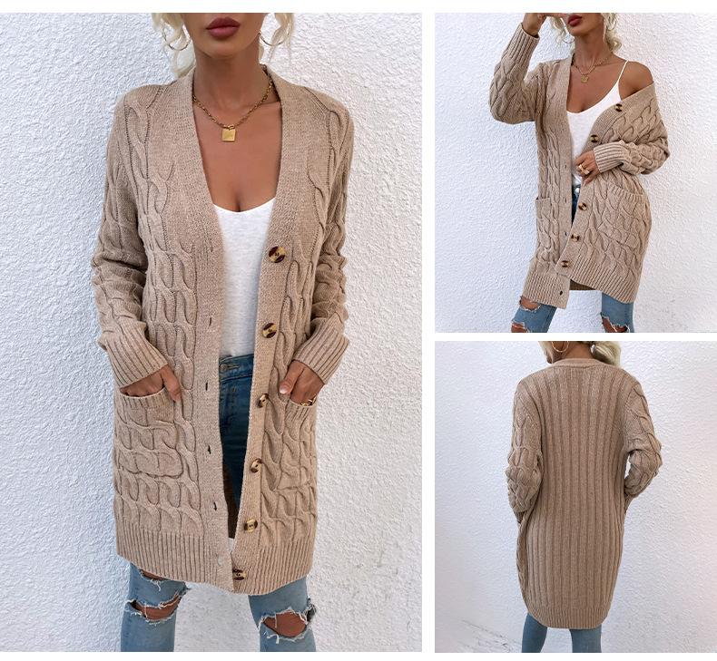 Button Twisted Rope Knitted Long Cardigan NSMMY98302