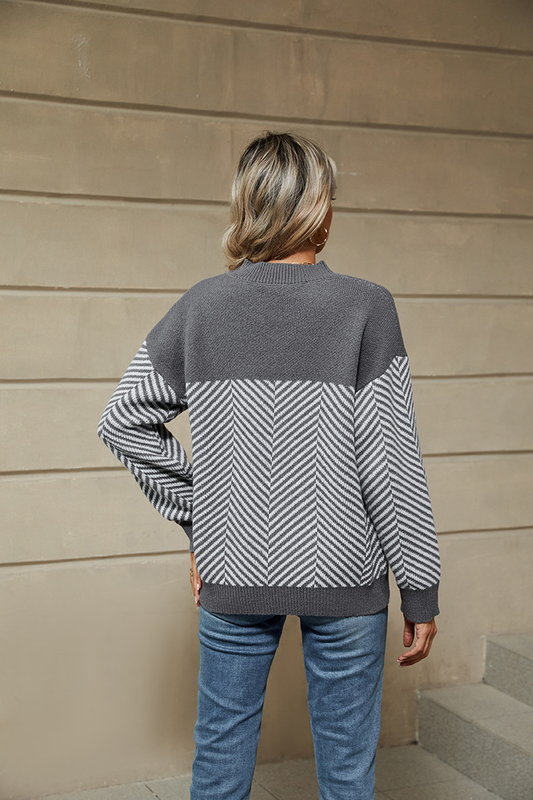 Pull Femme Manches Longues Rayé - Col Rond, Coupe Ample, Doux Et Chaud Pour L'hiver - 3