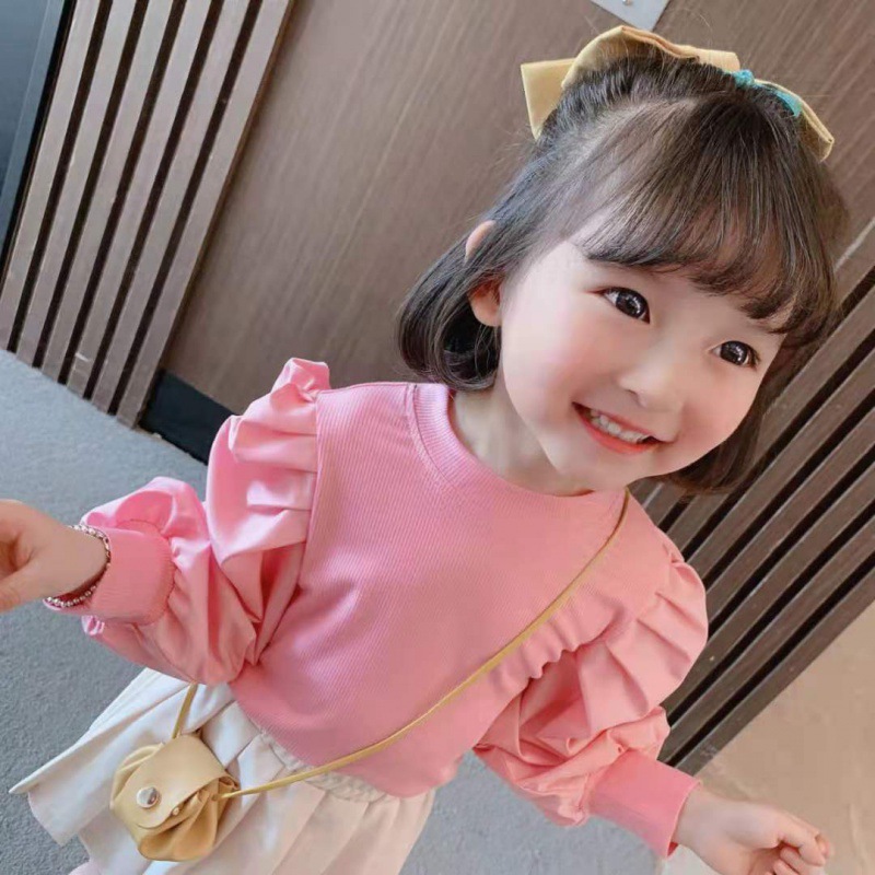 韩版儿童泡泡袖螺纹打底衫2020秋款复古拼接衬衫上衣宝宝立领T恤|ms