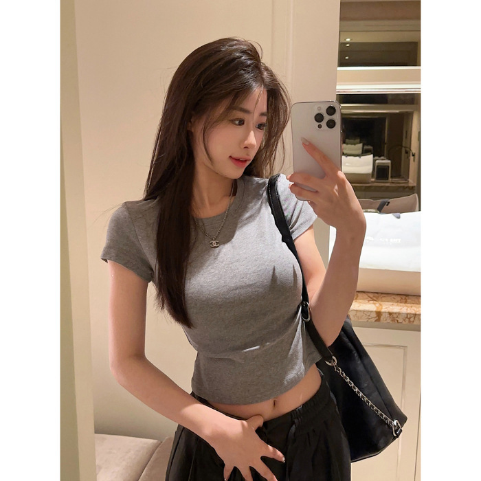 女性用白い半袖ボトムシャツとTシャツ2025新しい夏のスリムフィットホットガールショートショルダートップ