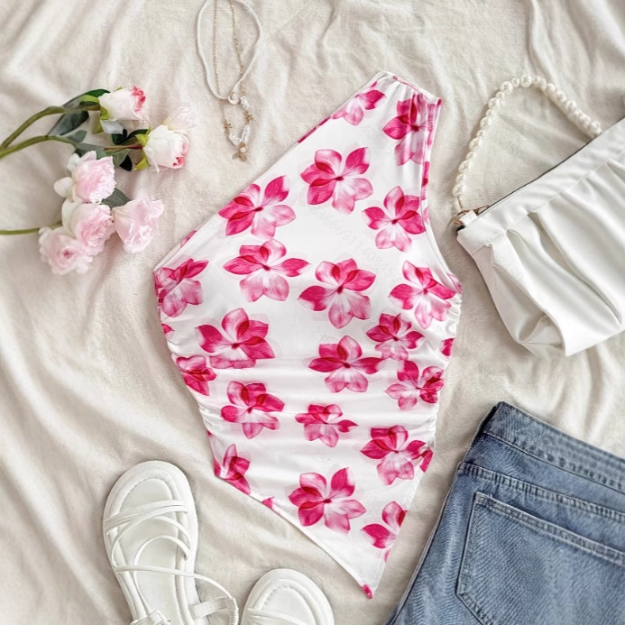 女士时尚新款设计优雅单肩褶皱针织印花背心