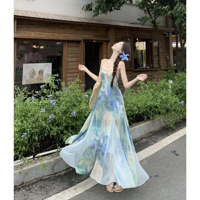 旅行服カーディガンサスペンダースカートスーツプラスサイズブルー気質ブルーミングプリントウエストドレス女性用|undefined