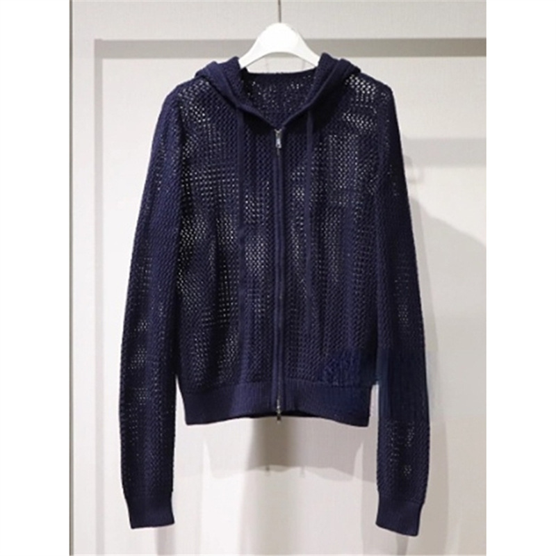 Mm Shopping Mall Same Style 2025 Autum New Navy Blue Cut Hooded Zipper Knitted Cardigan for Women 4g8132441