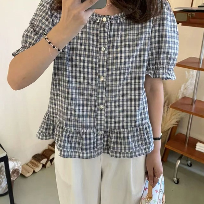 女性用耳介チェック柄コットンとリネン半袖シャツ2025新しい人気の夏シャツフレンチパフスリーブトップ|undefined