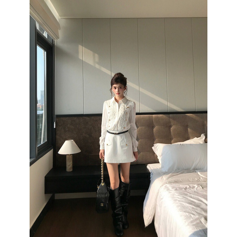 Yuehan Xiaoyu Musefish French-style elegant white shirt dress for women, Napoleon-style short skirt Yuehan Xiaoyu Musefish French-style elegant white shirt dress for women, Napoleon-style short skirt