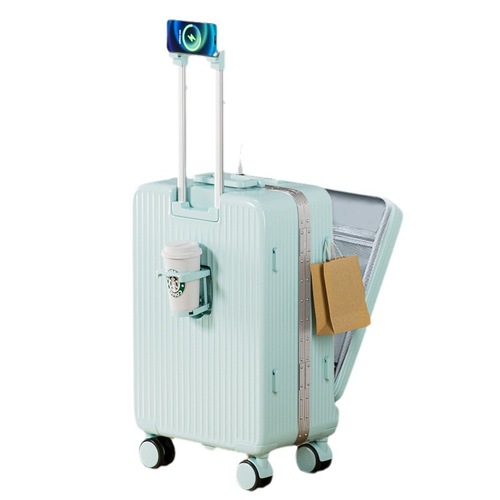 20-inch front-loading suitcase for women, small and lightweight, multi-functional charging travel pull-along suitcase with lock