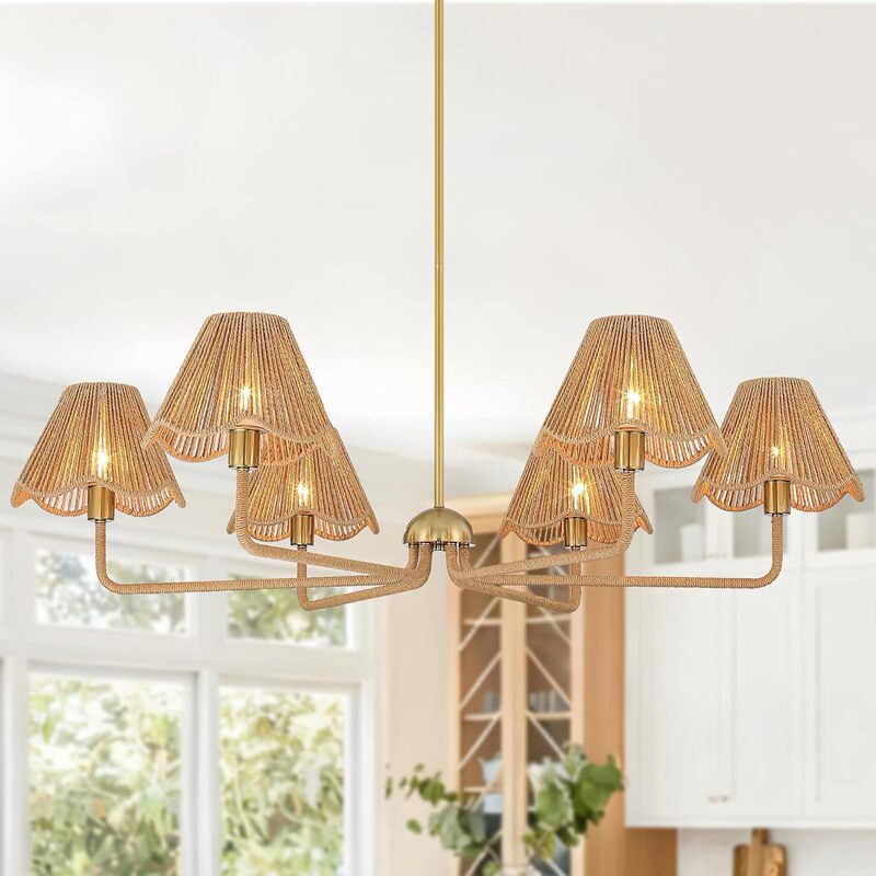 Cross-Border Exclusive Supply of Golden Rattan Pendant Lights, Bohemian Farmhouse Wicker Pendant Lights with Hand-Woven Sunshades