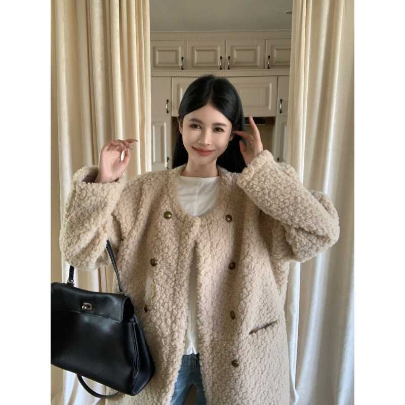 실제 촬영 및 실제 가격 한국 스타일 루즈 캐주얼 하이엔드 중간 길이 모피 두껍고 따뜻한 코트