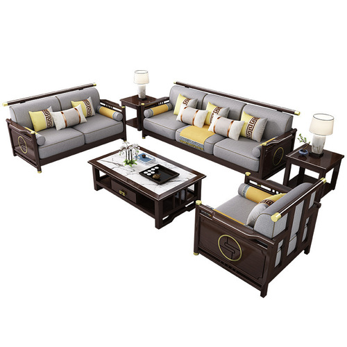 Modern Chinese-style full solid wood sofa set, suitable for small and large household types, living room sofa furniture, modern minimalist storage fabric sofa
