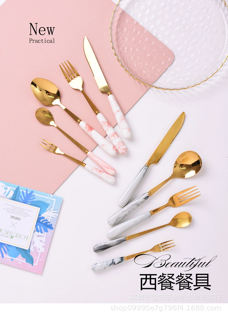 Tableware stainless steel — Ceramic-handle cutlery, marble patterns, coffee & fruit forks, 5-piece sets