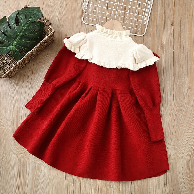 女童毛衣裙童装针织长裙2025秋冬加绒加厚新款五节裙酒红色爱莎兰