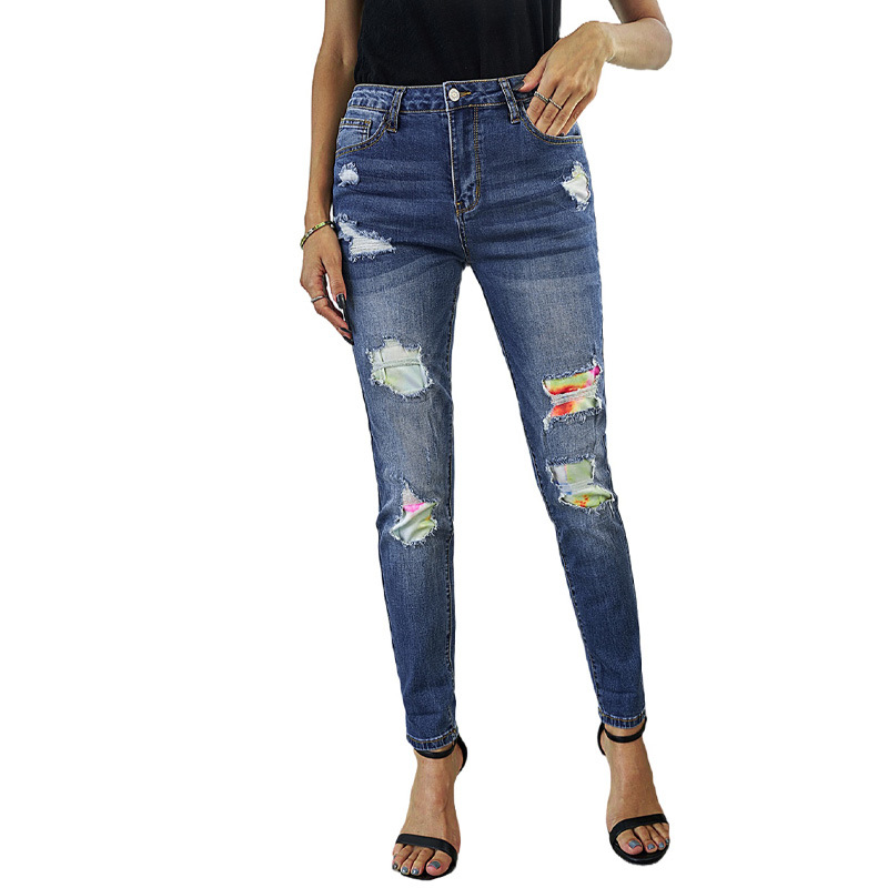 时颖破洞牛仔裤高腰显瘦亚马逊2022新款修身小脚九分裤欧美牛仔裤