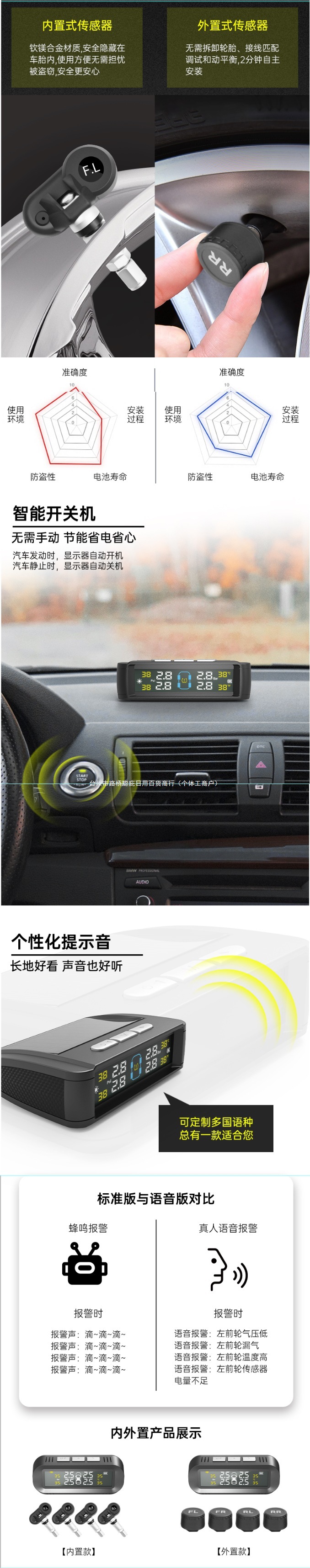 Tire Pressure Monitor Built-In External Universal Car Tire Detection Air Pressure Monitor Wireless Solar High Wholesale
