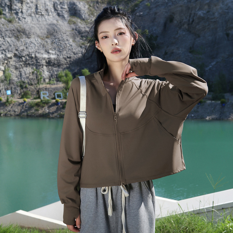 立领开衫卫衣户外休闲时尚瑜伽服秋季女款百搭显瘦高弹柔软短外套|undefined
