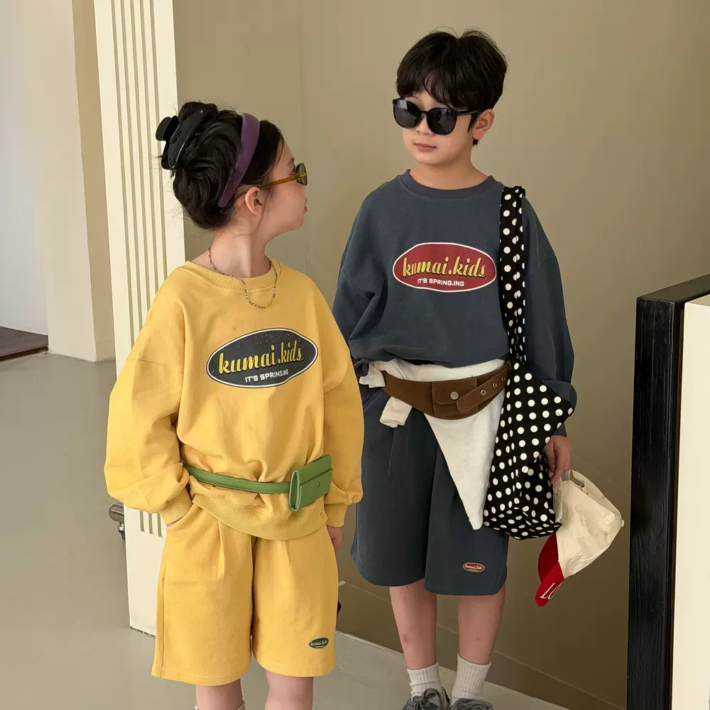 末小蒙童套装2026春季男女童韩版字母印花两件套儿童圆领中裤套装