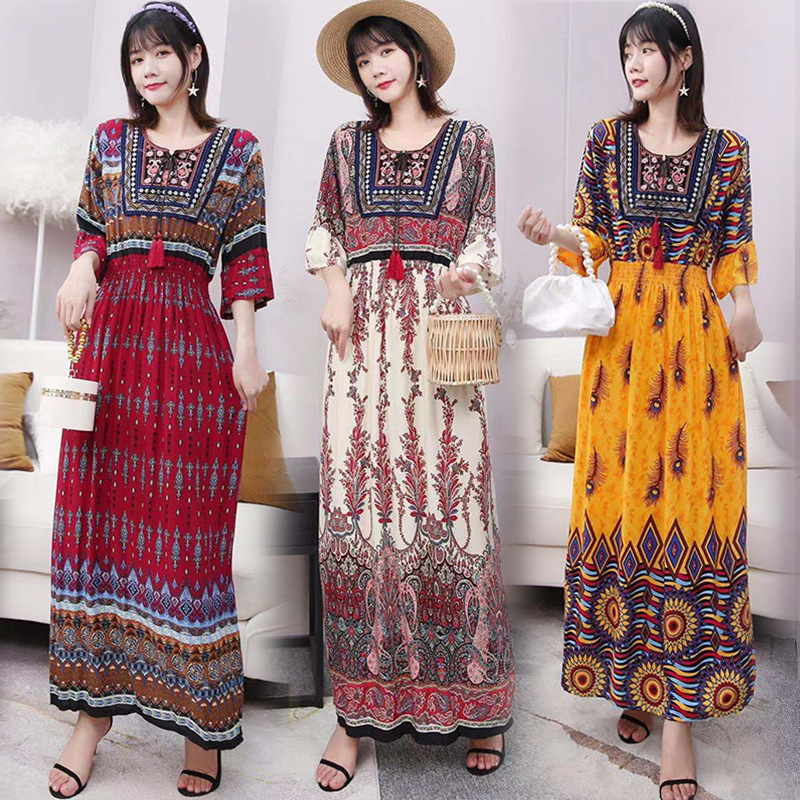 Ethnic style round neck three-quarter sleeve high waist dress vintage elastic waist ruffled large swing skirt Thailand travel dress