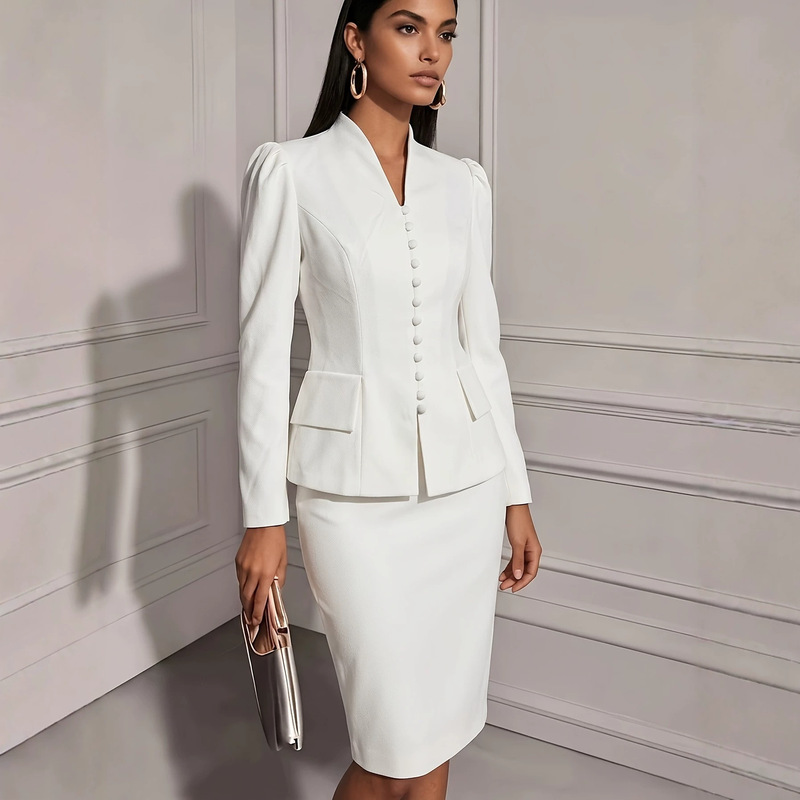 European and American style white stand-collar puff-sleeve professional skirt suit for women, single-breasted, waist-cinching blazer with pencil skirt, two-piece set European and American style white stand-collar puff-sleeve professional skirt suit for women, single-breasted, waist-cinching blazer with pencil skirt, two-piece set
