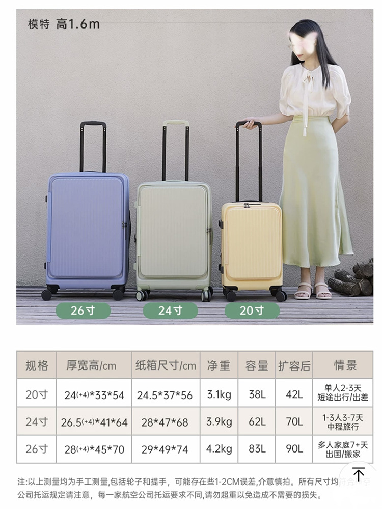 前の蓋を開けたスーツケースは20インチで、ケース側のスーツケースは24インチで、旅行箱の拡張パスワードバッグを開けます。