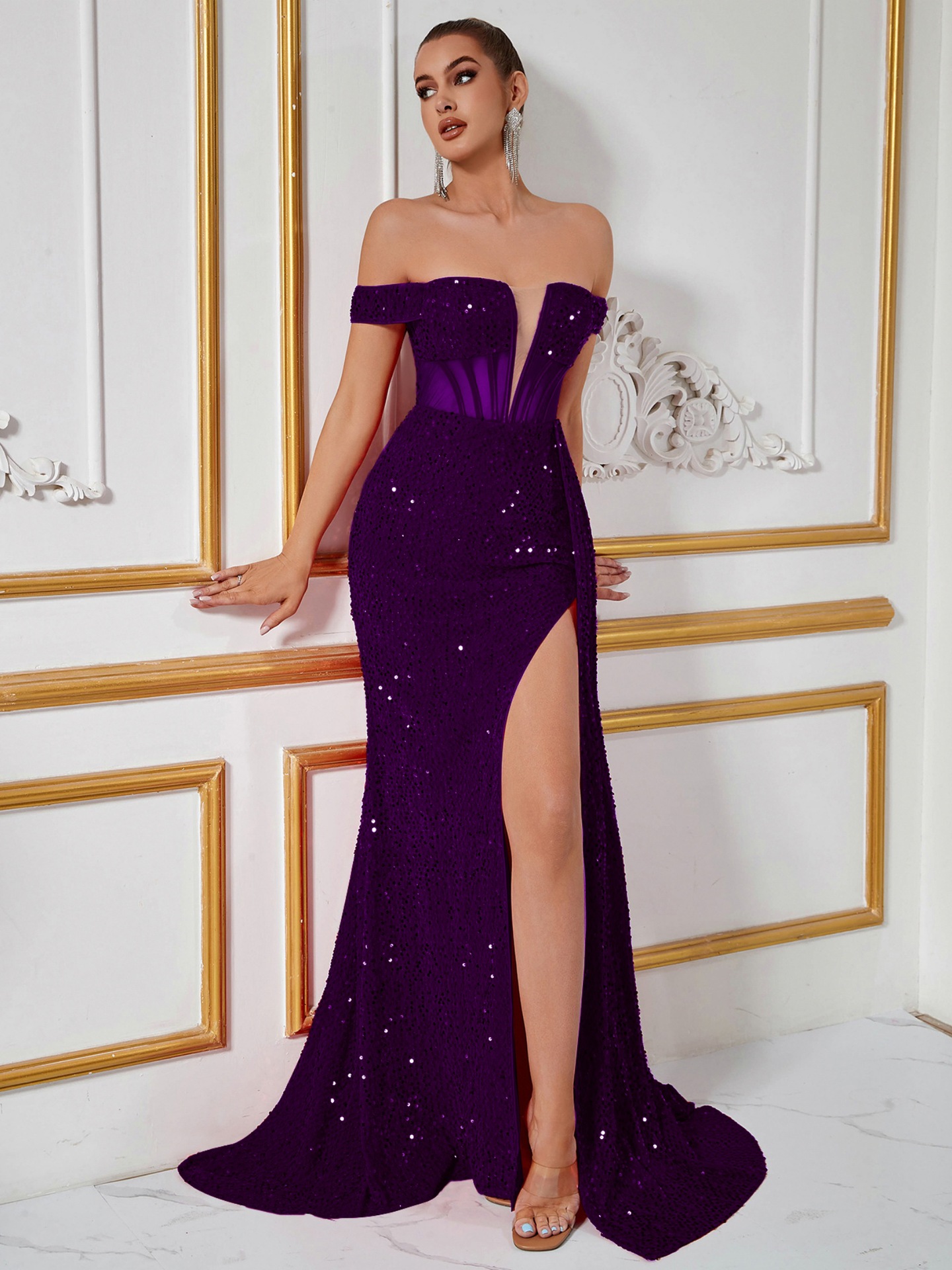 Comercio exterior europeo y americano temperamento de lentejuelas viajero color sólido vestido de cuello de una línea temperamento cintura sexy vestido de noche de banquete