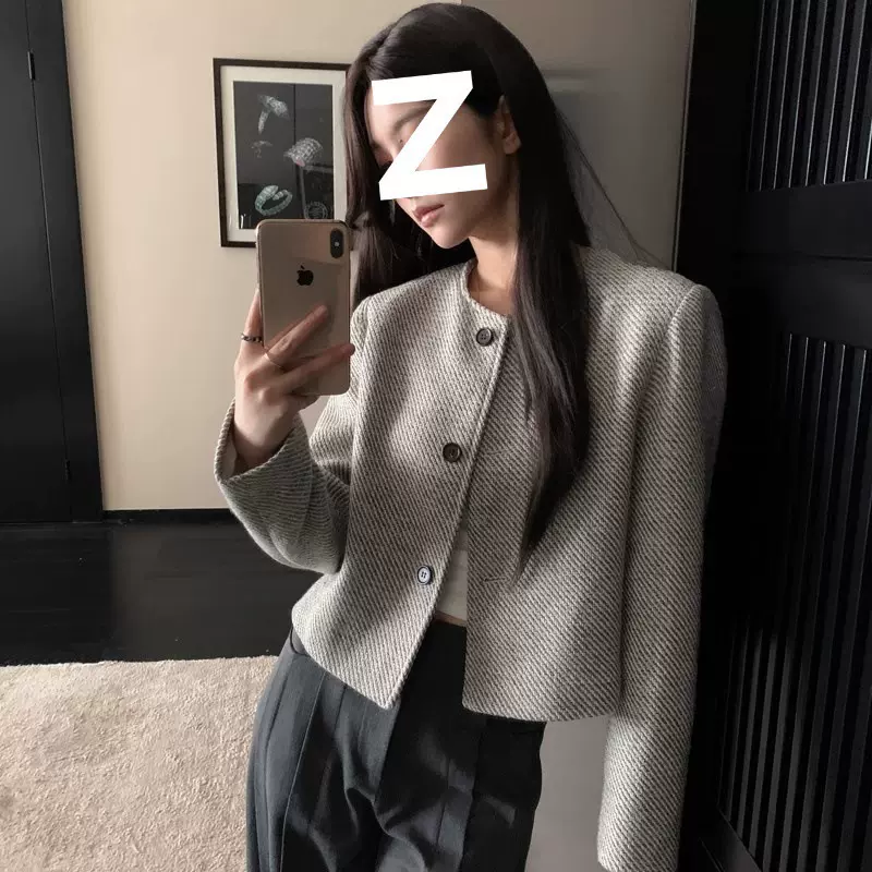 复古圆领单排扣上衣女条纹宽松毛呢小香风外套燕麦色粗花呢面料