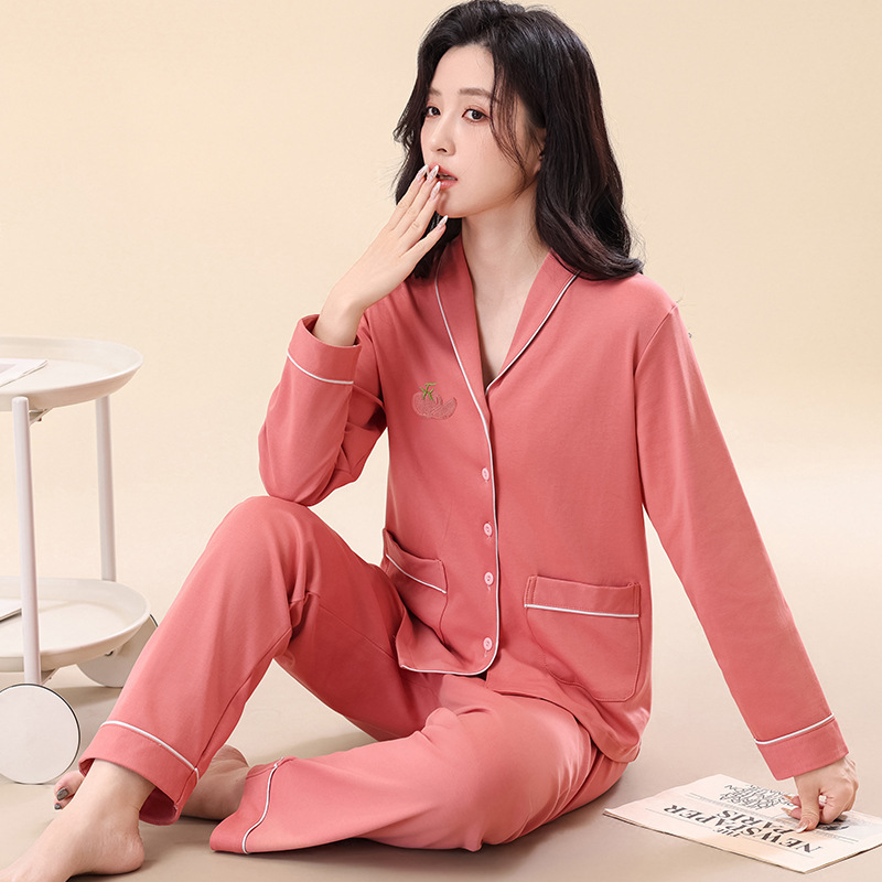秋冬女士开衫长袖纯棉睡衣女大码小翻领春秋季家居服全棉优雅套装|undefined