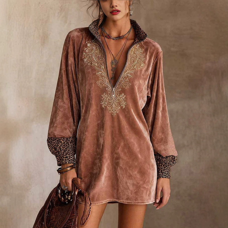 2026 European and American cross-border Amazon independent store: Western-style retro casual suede dress with leopard print patchwork and embroidery 2026 European and American cross-border Amazon independent store: Western-style retro casual suede dress with leopard print patchwork and embroidery