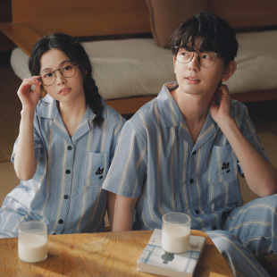 Clear 65/69-Couple Pajamas Men's and Women's Spring and Summer Cotton Gauze Short Sleeve Pants Cotton Beast Home Wear