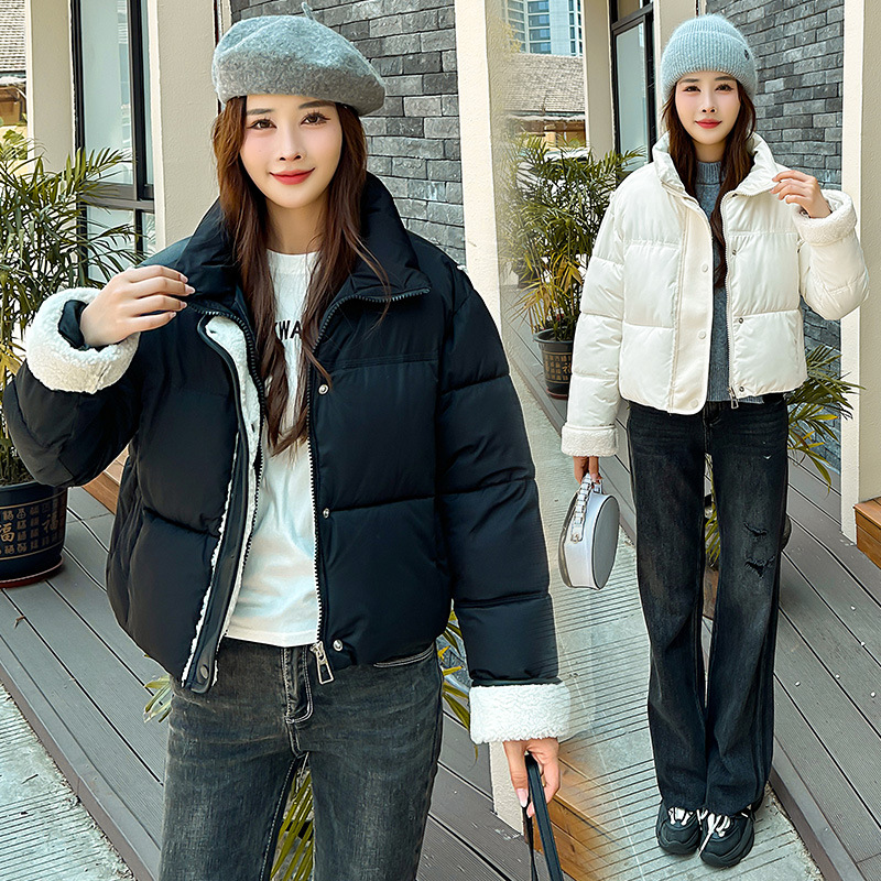 Algodón y camisa para mujeres 2024 nuevo cuello de algodón suelto chaqueta de cordero coreano empalmado chaqueta de invierno chaqueta de mujer image 2