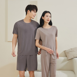 New Men's New Round Neck Short-sleeved Pajama Pants suit Summer Shorts Men's Thin Traceless Ice Silk Home Wear Manufacturers