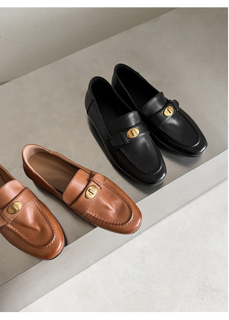 Giày loafer nữ da bò mũi sâu gót vuông thấp phong cách Anh Quốc — màu nâu chi tiết 26