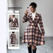 欧美跨境亚马逊女装2025秋冬新款休闲印花毛呢修身长袖风衣女外套