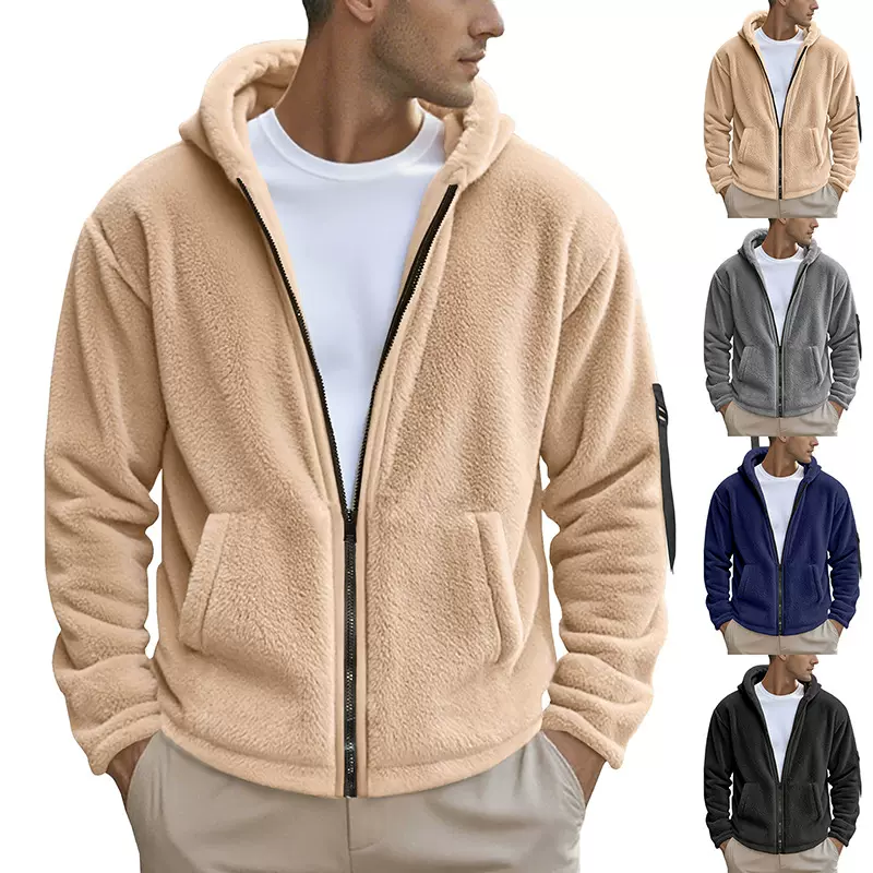 独立站跨境2023男装冬季新款双面北极绒保暖连帽拉链休闲夹克外套