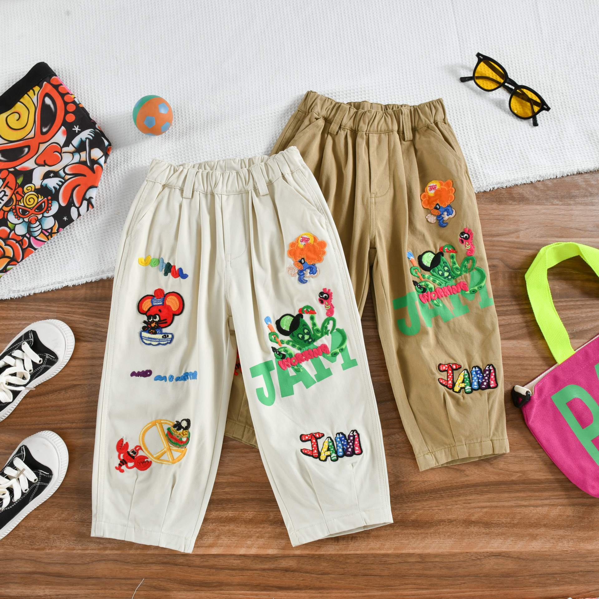 Jam Autumn New In-Stock Long Pants for Toddlers and Young Children, Cotton Washed Embroidered Casual Pants, Children's Jogger Pants