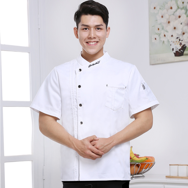 Moda estilo chino chef ropa de trabajo de los hombres de manga corta de verano delgada transpirable restaurante trasero cocina Chef ropa personalización
