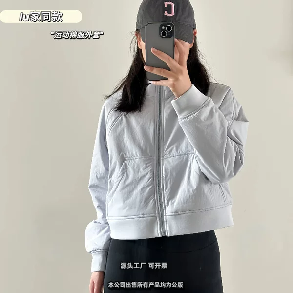qsqs lulu style sports cotton jacket with hood, short flight jacket, slimming gray baseball jacket for women 26
