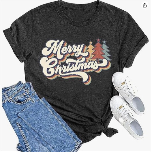 外贸女上衣跨境电商亚马逊圣诞树印花彩棉T恤