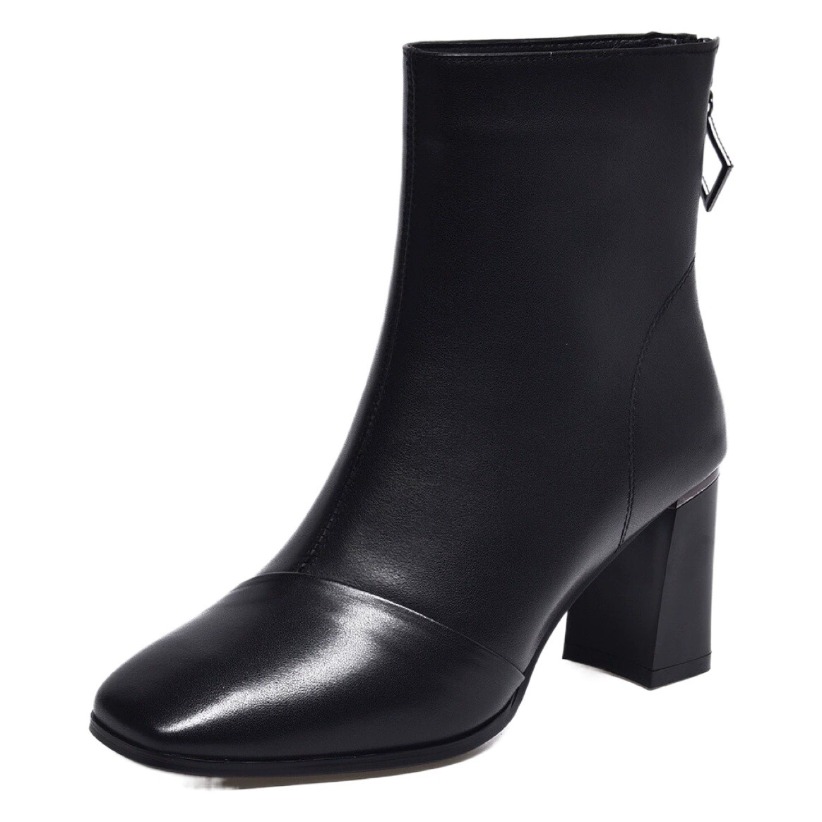 Короткие сапоги на высоком каблуке с квадратным носком, женские осенне-зимние модные сапоги из натуральной кожи на флисовой подкладке, женские тонкие сапоги на толстом каблуке с молнией сзади, женские универсальные одиночные сапоги