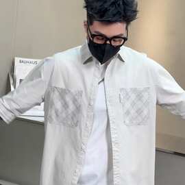 【高品质棉]洗水工装中袖衬衫男士夏季休闲宽松百搭七分袖衬衣