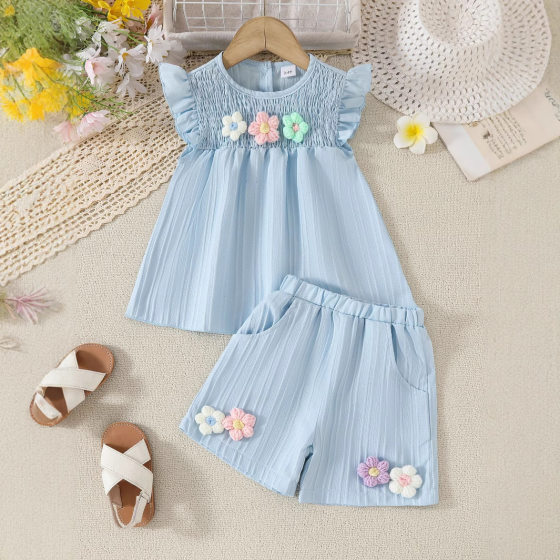 Cross-border Foreign Trade Children's suit Three-dimensional Flowers Craft Flying Sleeve Shorts 2-piece Flower suit