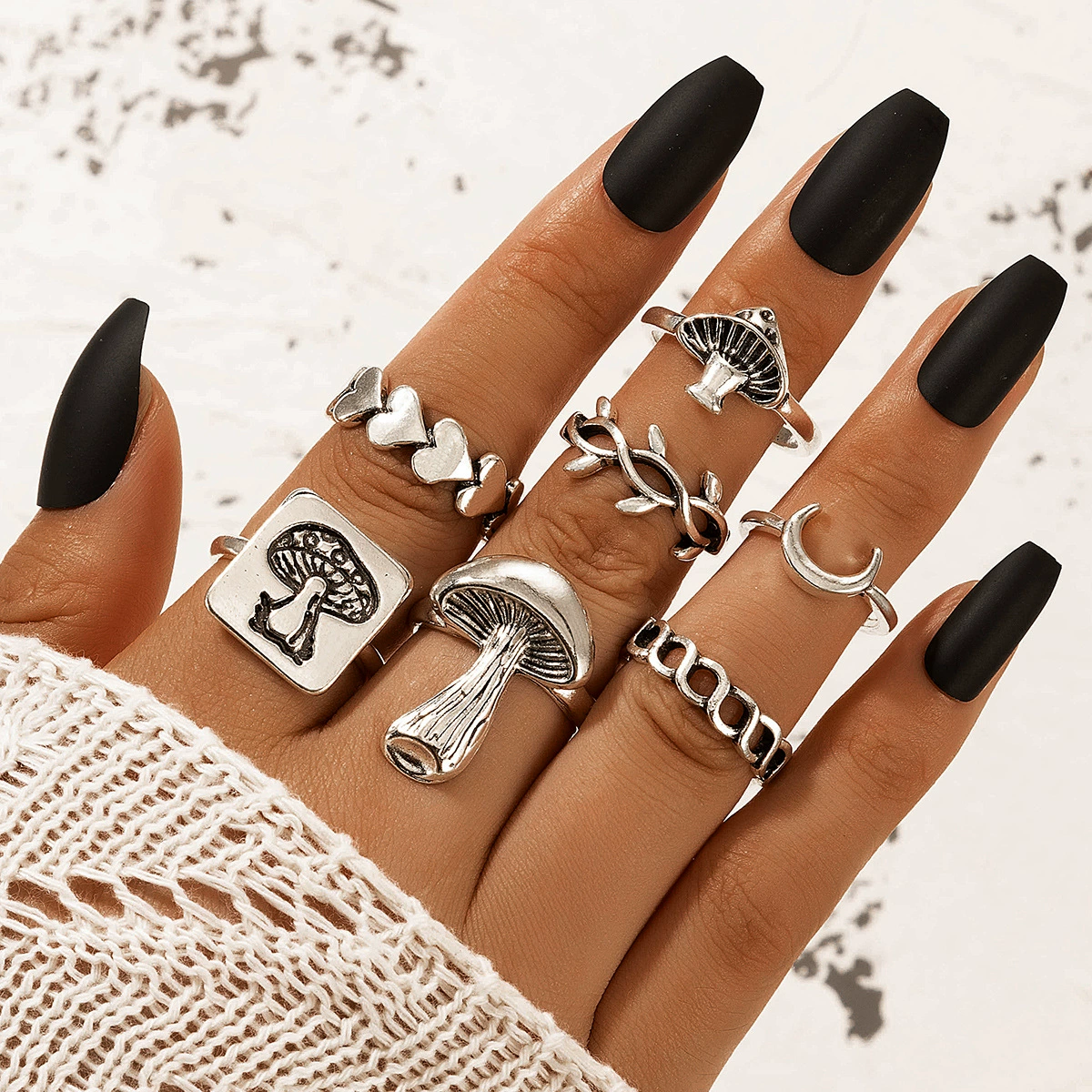 Ring Set, Retro Ethnic Style, 7-Piece European-Inspired Silver-Tone Stackable Rings