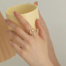 S925纯银镀18K金月亮流苏开口戒指女时尚满天星星冷淡风ins潮指环